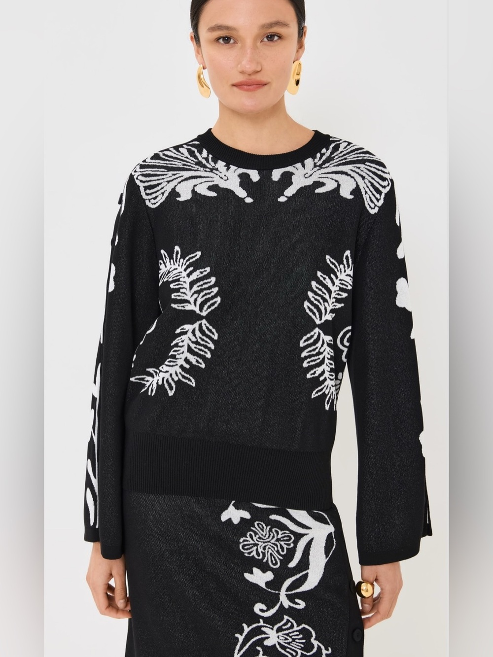 Figue Angie Sweater: Black & White Floral Crewneck